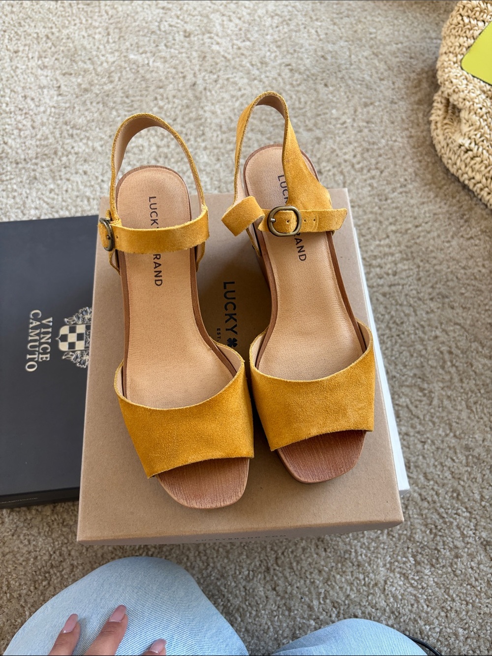 Lucky Brand Mustard Yellow Suede Wedge Sandals - Picture 2 of 4